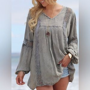 NWT Anandas Gray Boho Crochet Inlay Pleated Tunic Sz‎ 4 XL